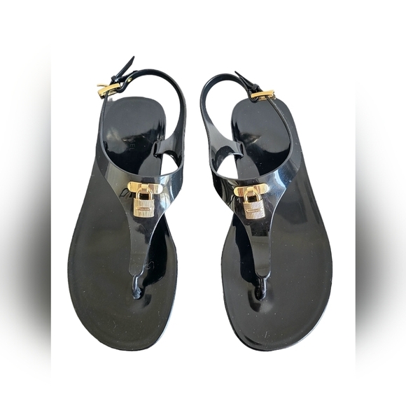 Michael Kors Mira Jelly Thong Sandals Black Gold Lock Accent size 7 - Picture 1 of 6